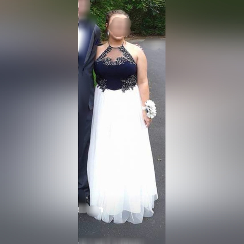 Blondie Nights by Stacy Sklar Navy Blue/ White Tulle Halter Formal Dress Size 7 - Picture 2 of 16